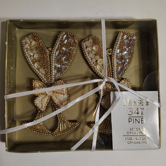 34th & Pine Ornament Set (of Two) Beaded Champagne Glasses w Bow Fly by Night - Picture 3 of 6